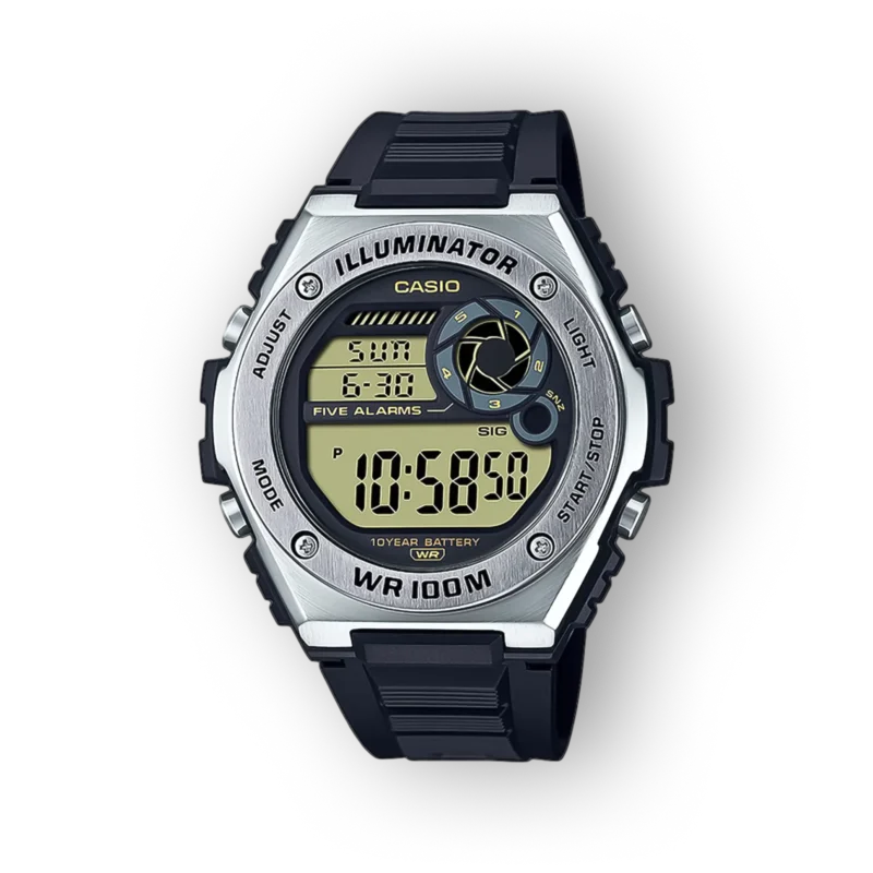 Digitális Casio óra fekete gumi szíjjal, világos háttérrel, kerek kijelzőn az idő, riasztások és funkciók láthatók.