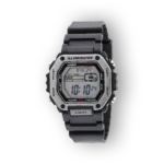 Szürke szíjjal és digitális kijelzővel rendelkező Casio Illuminator karóra, fekete háttéren, funkcionalitással és modern dizájnnal.