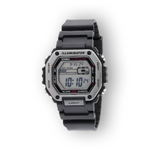 Szürke szíjjal és digitális kijelzővel rendelkező Casio Illuminator karóra, fekete háttéren, funkcionalitással és modern dizájnnal.