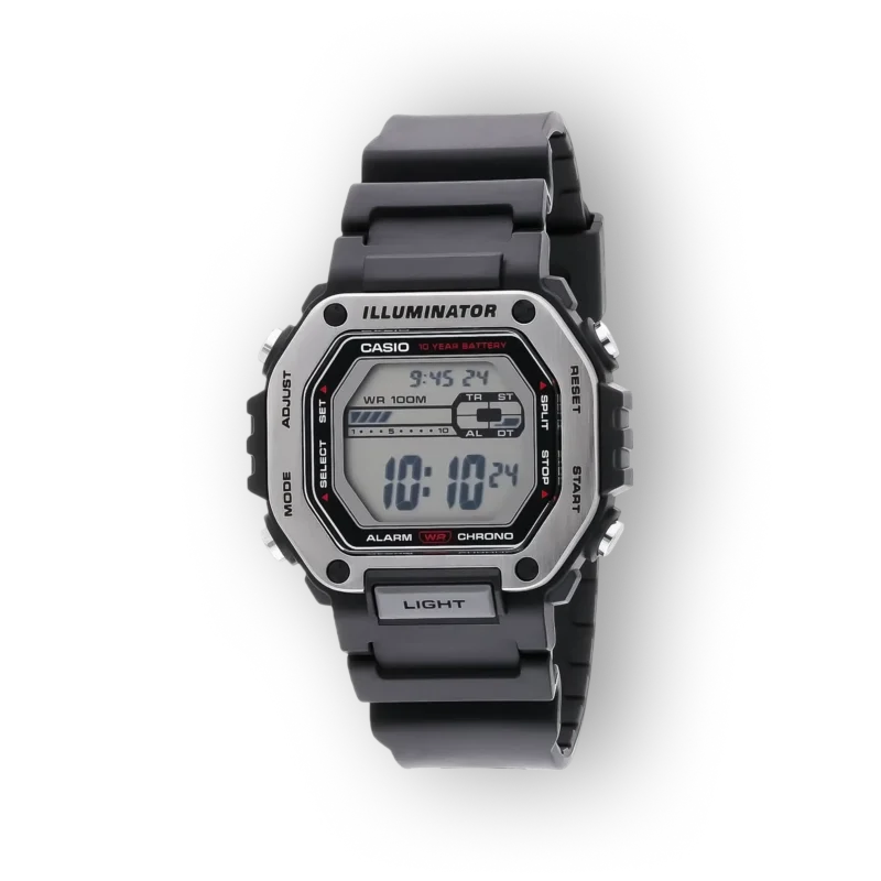 Szürke szíjjal és digitális kijelzővel rendelkező Casio Illuminator karóra, fekete háttéren, funkcionalitással és modern dizájnnal.