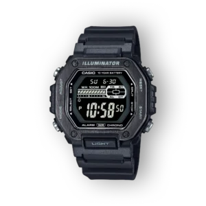 Digitális Casio Illuminátor óra fekete házzal, nagy kijelzőn 10:58 időponttal, gumis szíjjal, vízálló kivitelben.