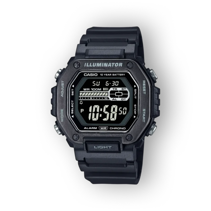 Digitális Casio Illuminátor óra fekete házzal, nagy kijelzőn 10:58 időponttal, gumis szíjjal, vízálló kivitelben.