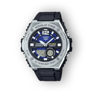 Casio karóra fekete szíjjal, kék számlap, világító mutatók, digitális kijelző, vízállóság jelzéssel, modern dizájn.
