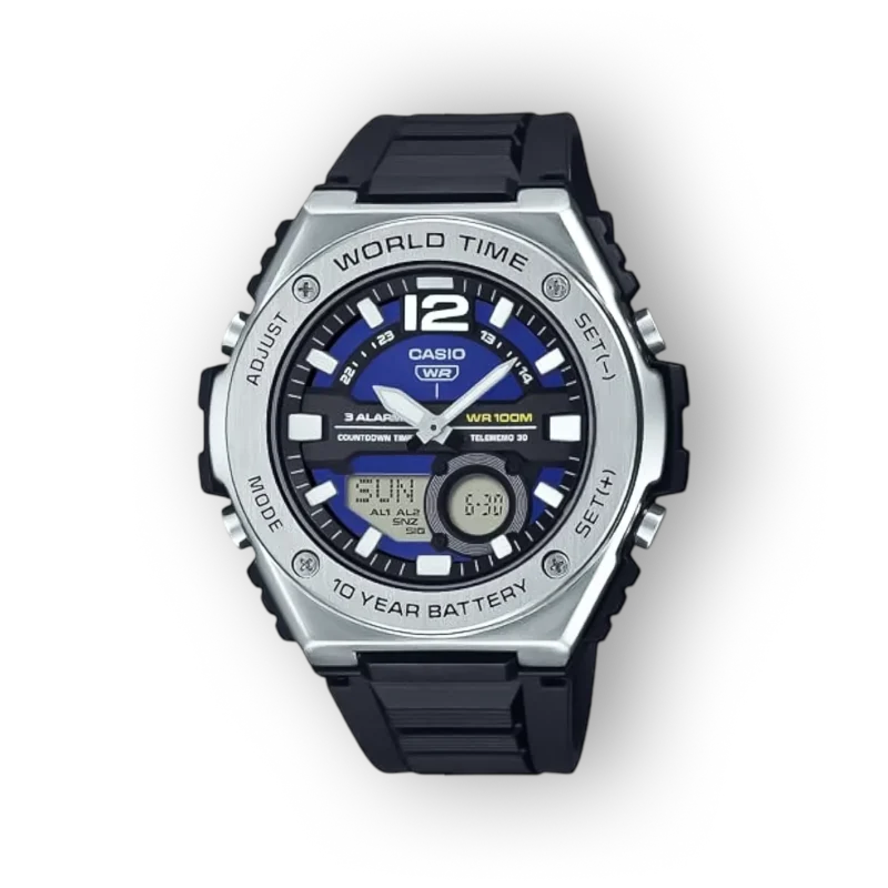 Casio karóra fekete szíjjal, kék számlap, világító mutatók, digitális kijelző, vízállóság jelzéssel, modern dizájn.