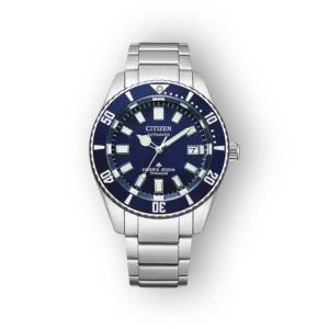 Kék számlapos, fémszíjas Citizen Promaster Diver, 200 méteres vízállósággal és automatikus szerkezettel.