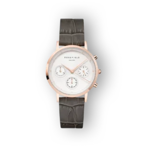 Elegáns, ezüst és rose gold színű női karóra, fehér számlappal és krokodilbőr hatású szürke szíjjal.