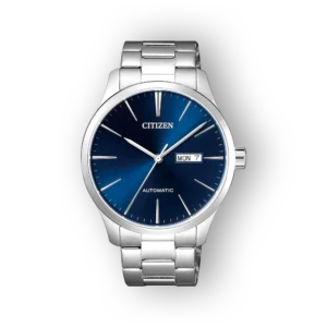 Kék számlapos Citizen automata óra ezüst szíjjal, hétfő dátum kijelzővel. Modern, elegáns dizájn, sötét háttér előtt.