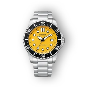 Fém bőrszíjjal készült Citizen Automatic óra élénk sárga számlappal, fekete kerettel és fehér mutatókkal.