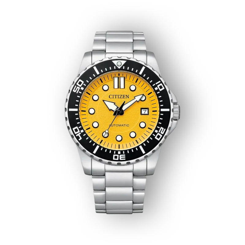 Fém bőrszíjjal készült Citizen Automatic óra élénk sárga számlappal, fekete kerettel és fehér mutatókkal.