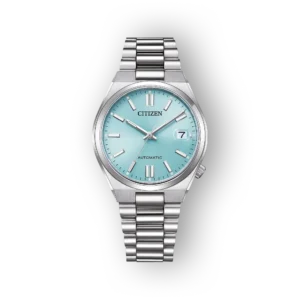 Fém karóra világoskék számlappal, automatikus mechanizmussal, ezüstszínű fém szíjjal és dátumkijelzővel.