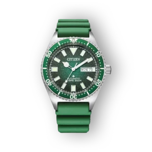 Zöld számlapú, rozsdamentes acélból készült karóra, zöld szilikon szíjjal, automata mozgással és 200 méteres vízállósággal.