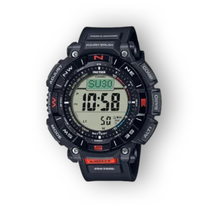 Digitális Casio Pro Trek PRG-340-1ER óra fekete háttér előtt, nagy LCD kijelzővel, iránytűvel és funkciógombokkal.