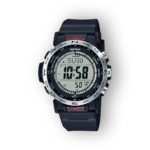 Digitális Casio Pro Trek PRW-35-1AER óra, fekete szilikon szíjjal, ezüst szegéllyel és nagy, világosan látható kijelzővel.