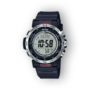 Digitális Casio Pro Trek PRW-35-1AER óra, fekete szilikon szíjjal, ezüst szegéllyel és nagy, világosan látható kijelzővel.