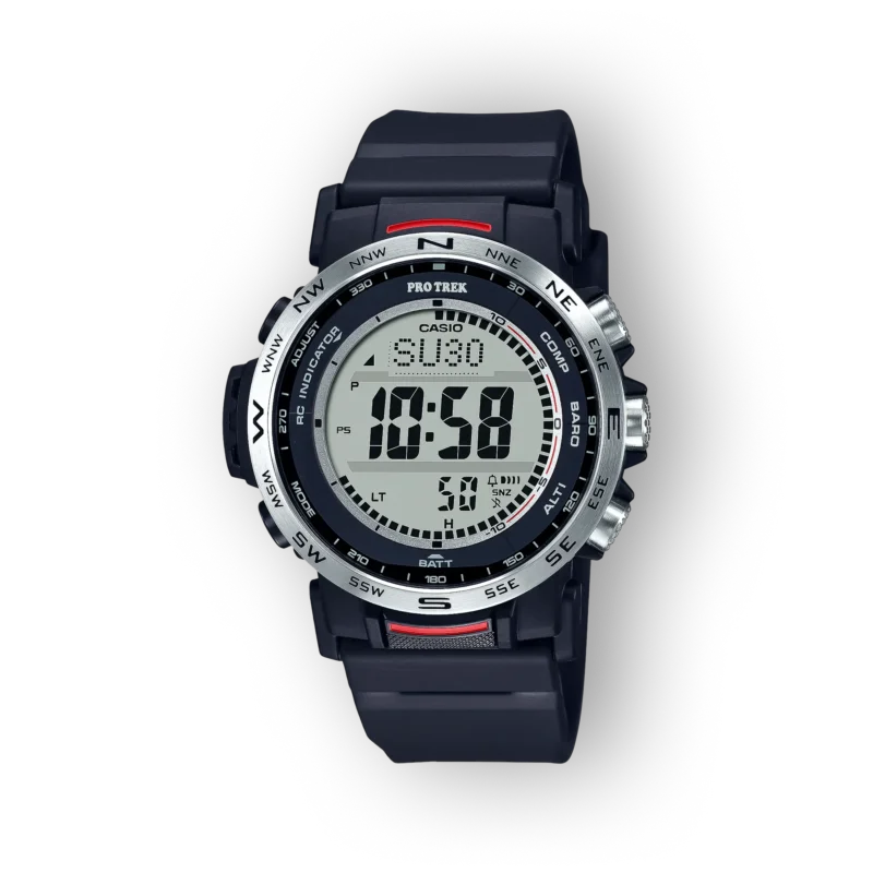 Digitális Casio Pro Trek PRW-35-1AER óra, fekete szilikon szíjjal, ezüst szegéllyel és nagy, világosan látható kijelzővel.