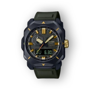 Kék és arany színű Casio Pro Trek PRW-6900Y-3ER karóra, digitális kijelzővel és multifunkcionális tárcsával, zöld szíjjal.