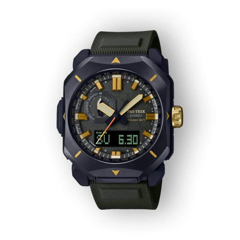 Kék és arany színű Casio Pro Trek PRW-6900Y-3ER karóra, digitális kijelzővel és multifunkcionális tárcsával, zöld szíjjal.