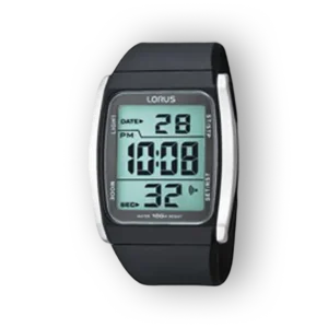 Fekete szíjjal és digitális kijelzővel rendelkező Lorus sportóra, zöld háttérrel, 10:08-as idő, 28-as dátum.