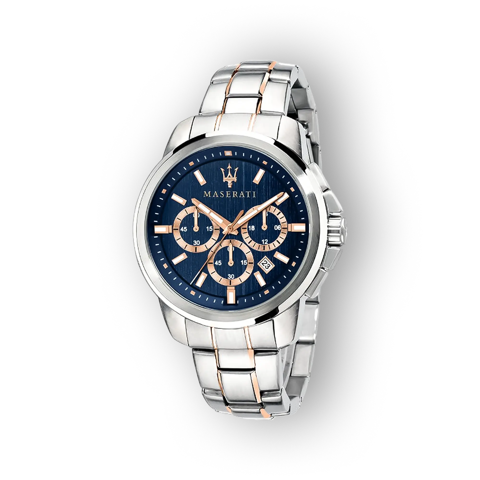 Elegáns Maserati karóra ezüst és rose gold színben, sötétkék számlappal és három kronográfával, fényes fém szíjjal.