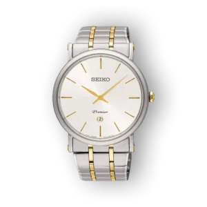 Ezüst és arany színű karóra, fehér számlappal és arany mutatókkal, SEIKO Premier felirattal, klasszikus, elegáns megjelenés.