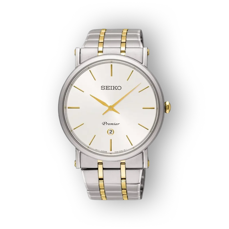 Ezüst és arany színű karóra, fehér számlappal és arany mutatókkal, SEIKO Premier felirattal, klasszikus, elegáns megjelenés.