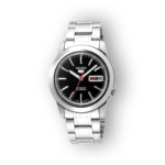 Fekete számlapú, ezüst színű fém karkötős Seiko 5 automata óra, piros másodperc mutatóval, naptár funkcióval.