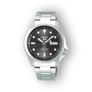 Fényes ezüst színű, automata Seiko 5 Sports SRPE51K1 karóra fekete számlappal, fehér indexekkel és dátum kijelzővel.