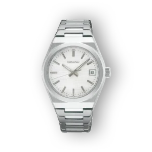 Ez a Seiko Quartz SUR573P1 karóra ezüstszínű fém szíjjal és világos, csíkozott óralappal rendelkezik, 6 óránál dátum kijelzővel.