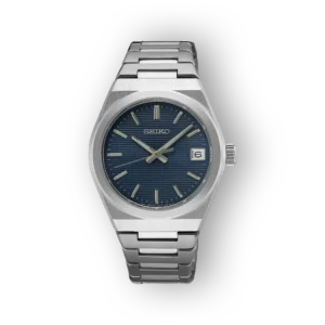 Seiko Quartz SUR575P1 karóra, kék csíkos számlappal, ezüstszínű acél tok és szíj, dátumablakkal, elegáns megjelenés.