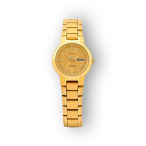 Arany színű Seiko 5 karóra, automatikus szerkezettel, nap- és dátumkijelzéssel, fekete háttérrel. Elegáns, láncos szíjjal.