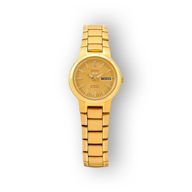 Arany színű Seiko 5 karóra, automatikus szerkezettel, nap- és dátumkijelzéssel, fekete háttérrel. Elegáns, láncos szíjjal.
