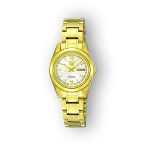 Aranyszínű Seiko 5 SYMK30K1 automata karóra, fehér számlappal, sárga mutatókkal és nap-dátum kijelzővel. Elegáns megjelenés.