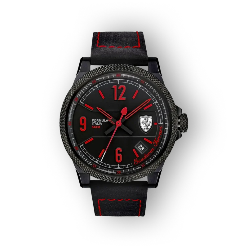 Fekete számlap, piros mutatók és számok, bőrszíj vörös varrással, Scuderia Ferrari logóval. Stílusos és sportos dizájn.