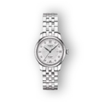 Tissot Le Locle karóra ezüstszínű fém szíjjal, fehér számlap, római számok és gyémántapplikációk. Elegáns, modern dizájn.