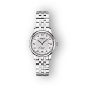Tissot Le Locle karóra ezüstszínű fém szíjjal, fehér számlap, római számok és gyémántapplikációk. Elegáns, modern dizájn.