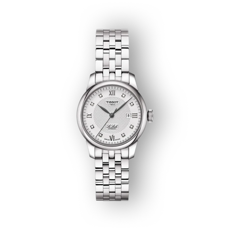 Tissot Le Locle karóra ezüstszínű fém szíjjal, fehér számlap, római számok és gyémántapplikációk. Elegáns, modern dizájn.