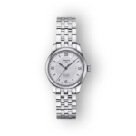 TISSOT Le Locle karóra ezüstszínű számlappal és fémszíjjal, római számokkal a számlapon, elegáns megjelenés.