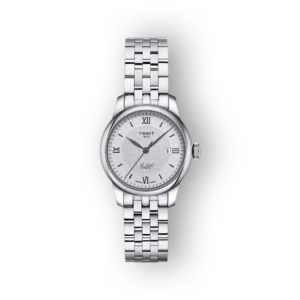 TISSOT Le Locle karóra ezüstszínű számlappal és fémszíjjal, római számokkal a számlapon, elegáns megjelenés.