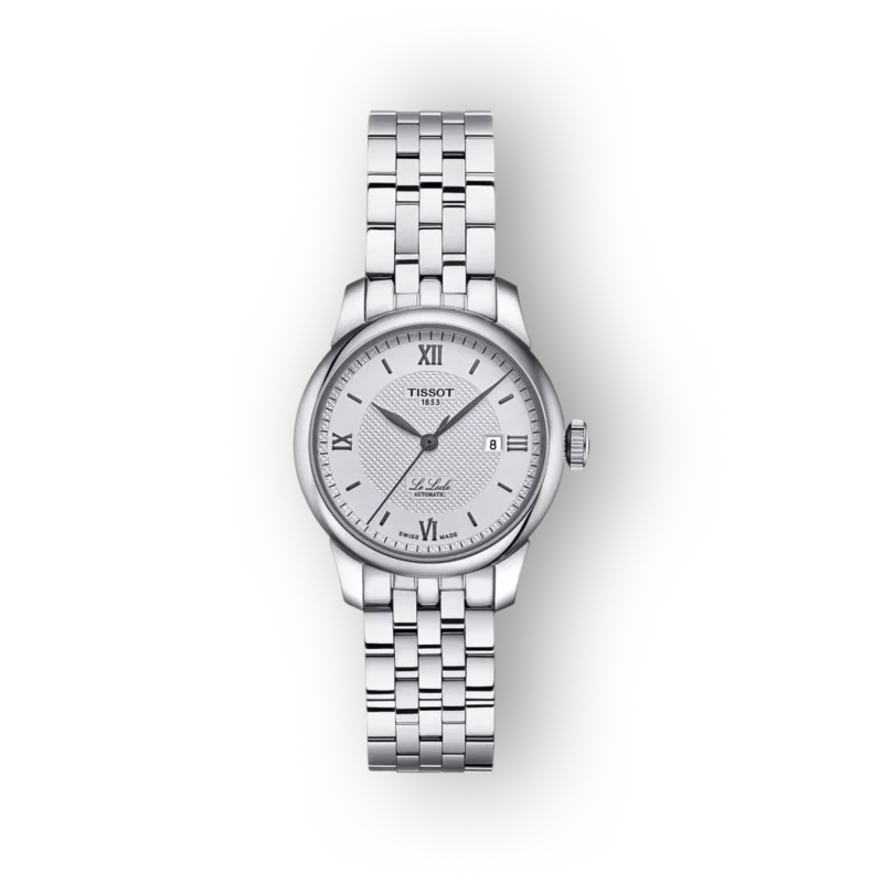 TISSOT Le Locle karóra ezüstszínű számlappal és fémszíjjal, római számokkal a számlapon, elegáns megjelenés.