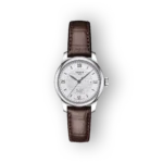 Tissot Le Locle óra ezüstszínű számlappal és barna bőr szíjjal, római számokkal, automatikus működéssel.