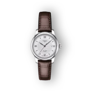 Tissot Le Locle óra ezüstszínű számlappal és barna bőr szíjjal, római számokkal, automatikus működéssel.