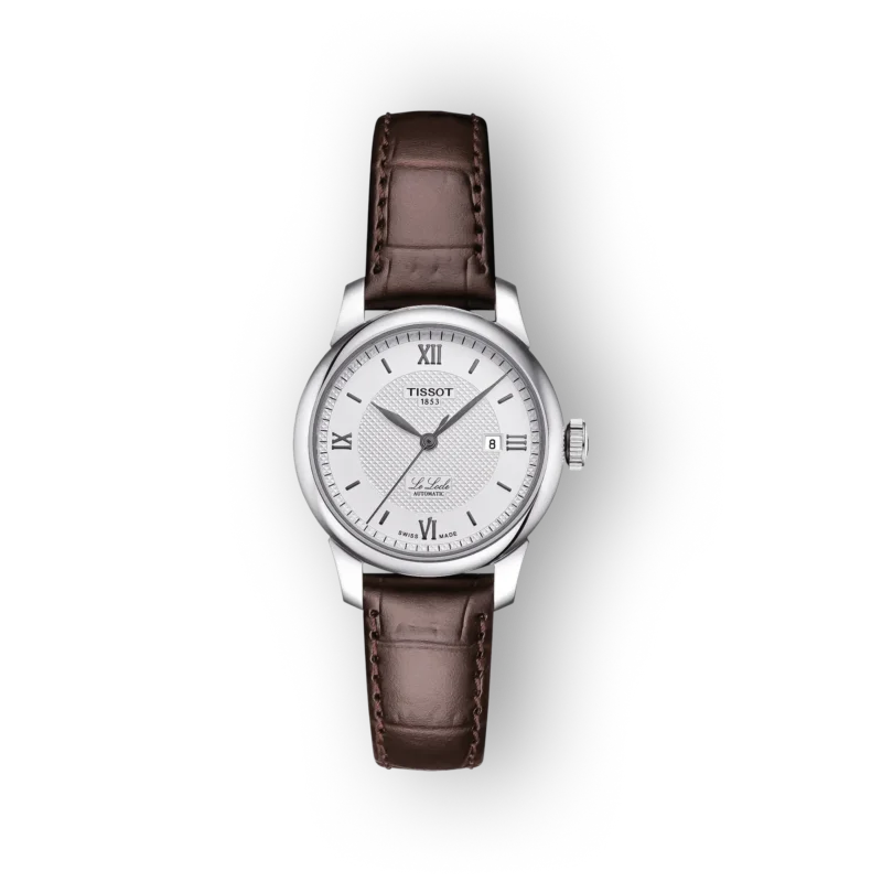 Tissot Le Locle óra ezüstszínű számlappal és barna bőr szíjjal, római számokkal, automatikus működéssel.