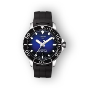 Tissot Seastar karóra, kék számlappal és fekete szilikon szíjjal, időtartomány 300 méter, automatikus mechanizmus.