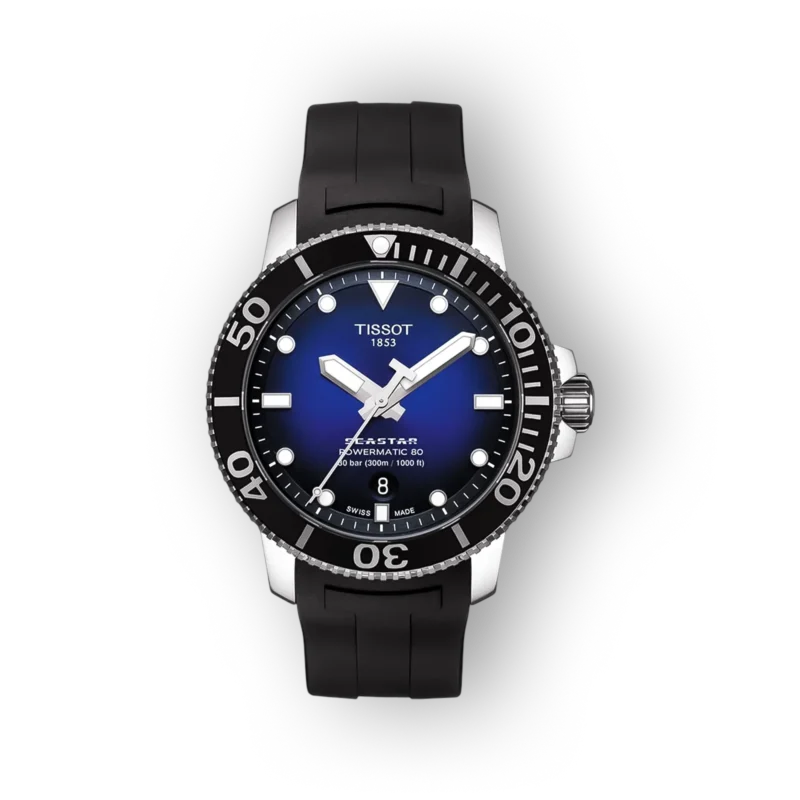 Tissot Seastar karóra, kék számlappal és fekete szilikon szíjjal, időtartomány 300 méter, automatikus mechanizmus.