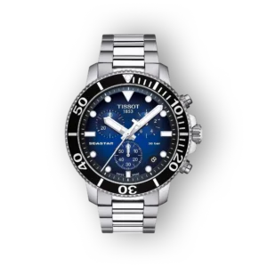 Kék számlapos Tissot Seastar karóra ezüstszínű fémszíjjal, fekete kerettel, 30 bar vízállósággal és kronográf funkcióval.