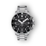 Tissot Seastar karóra fekete számlappal, ezüst szíjjal, idő- és kronográf funkciókkal, 30 bar vízállósággal.