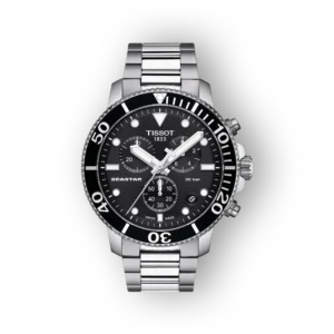 Tissot Seastar karóra fekete számlappal, ezüst szíjjal, idő- és kronográf funkciókkal, 30 bar vízállósággal.