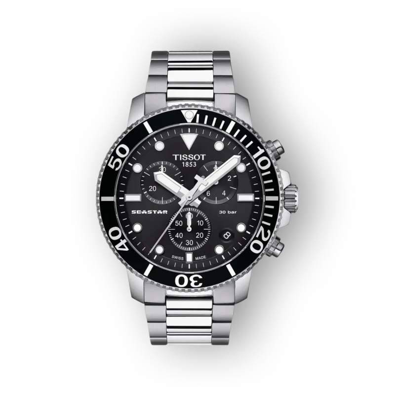 Tissot Seastar karóra fekete számlappal, ezüst szíjjal, idő- és kronográf funkciókkal, 30 bar vízállósággal.