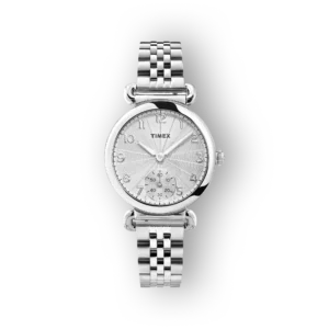 Ezüst színű Timex karóra, kerek számlappal, markáns számokkal és fémszíjjal, fekete háttér előtt.