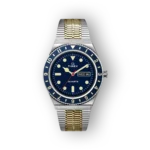 Timex TW2V18400 kvarcóra, sötétkék számlappal, arany és ezüst szíjjal, dátum és nap kijelzéssel.